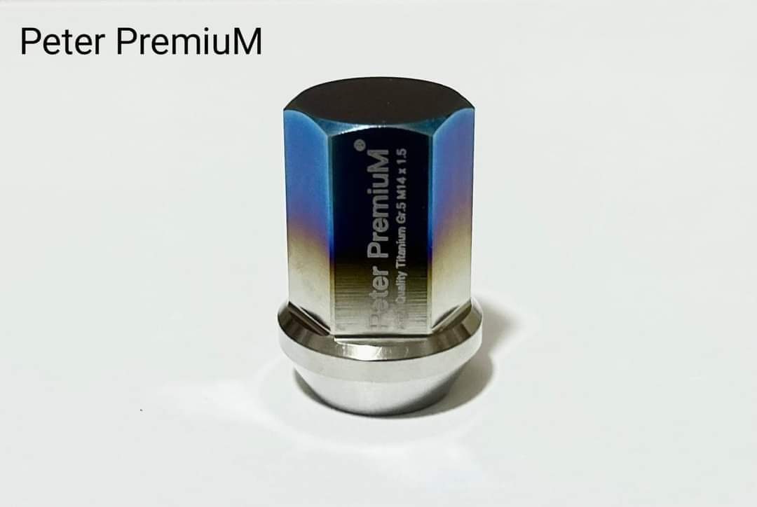 Peter PremiuM - Titanium Gr.5 ( Ti 6AL4V) Extremely light weight  Wheel nuts for Tesla. M14 x 1.5 conical seat Length 35 mm.