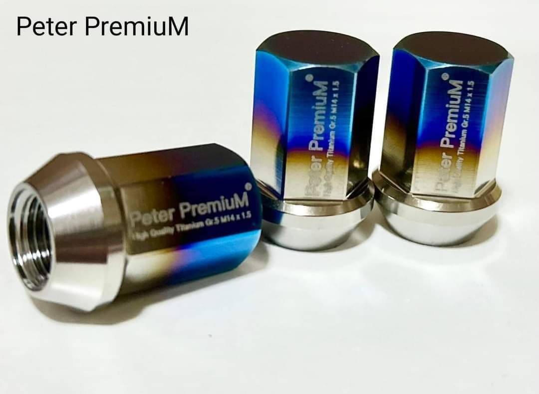 Peter PremiuM - Titanium Gr.5 ( Ti 6AL4V) Extremely light weight  Wheel nuts for Tesla. M14 x 1.5 conical seat Length 35 mm.