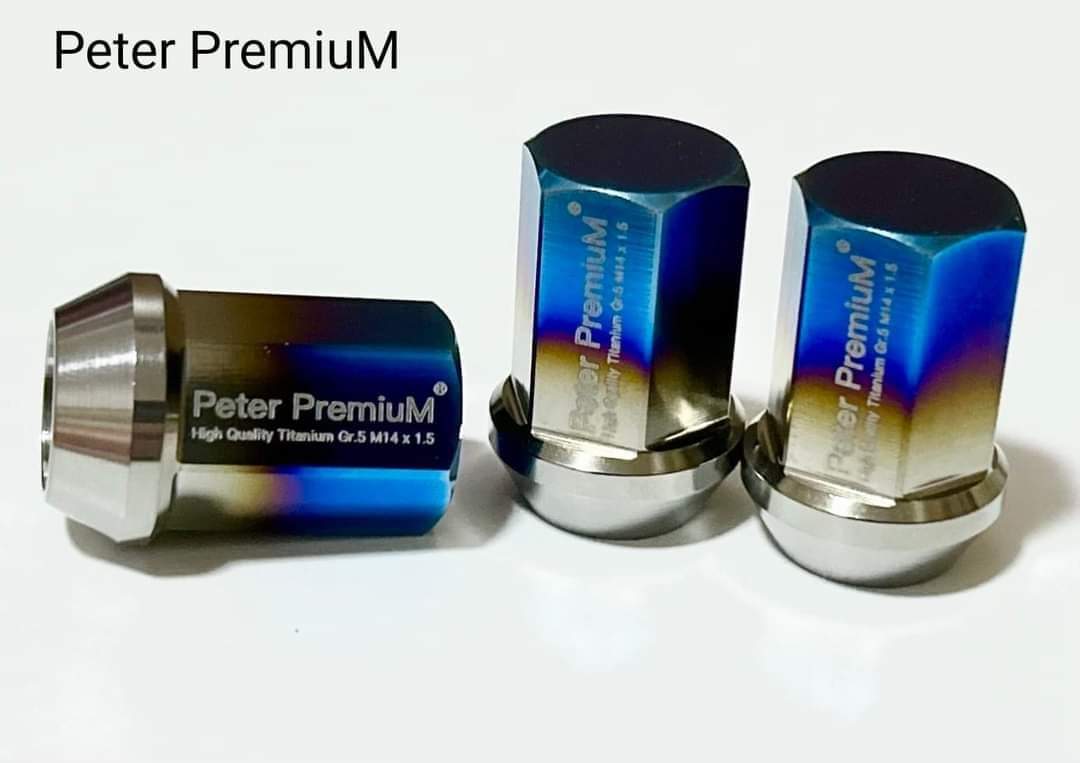 Peter PremiuM - Titanium Gr.5 ( Ti 6AL4V) Extremely light weight  Wheel nuts for Tesla. M14 x 1.5 conical seat Length 35 mm.